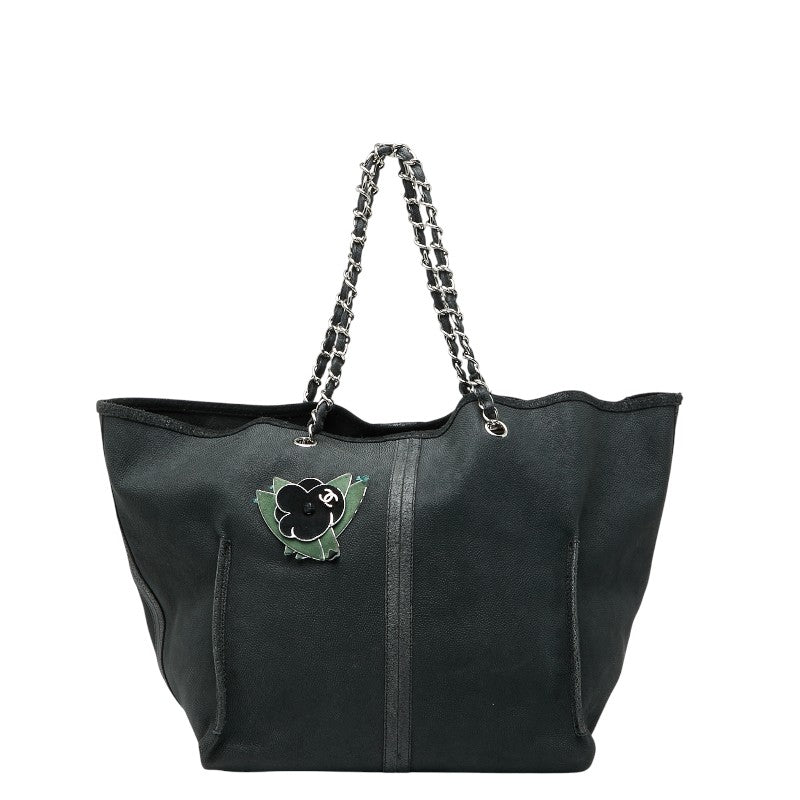 GP0326-01 Chanel Sac cabas Camellia Chain d'occasion en cuir caviar noir et vert Ginza Paris
