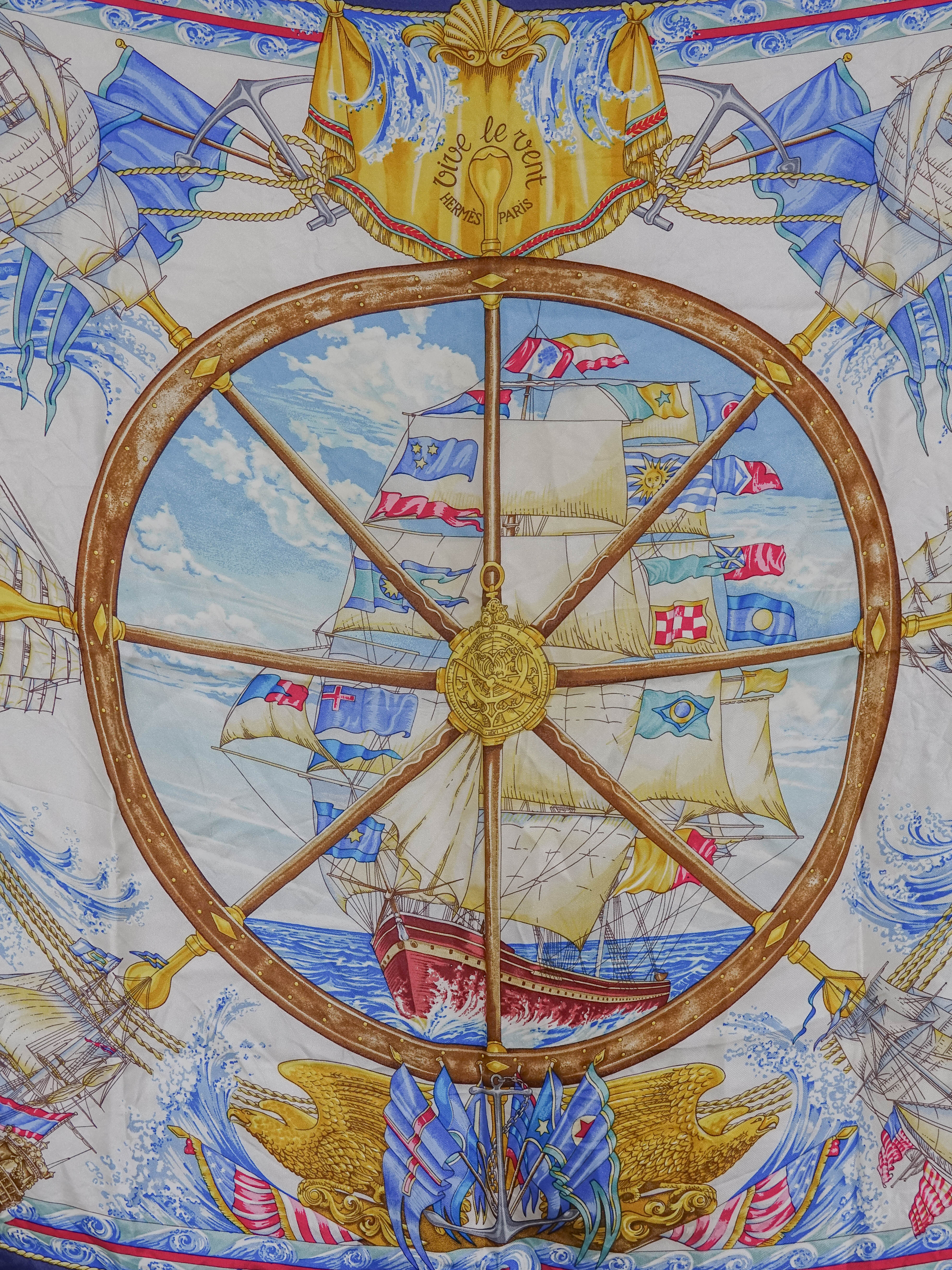 HERMES Carre 90 Scarf ""VIVE LE VENT"" Silk Beige Lola Collective