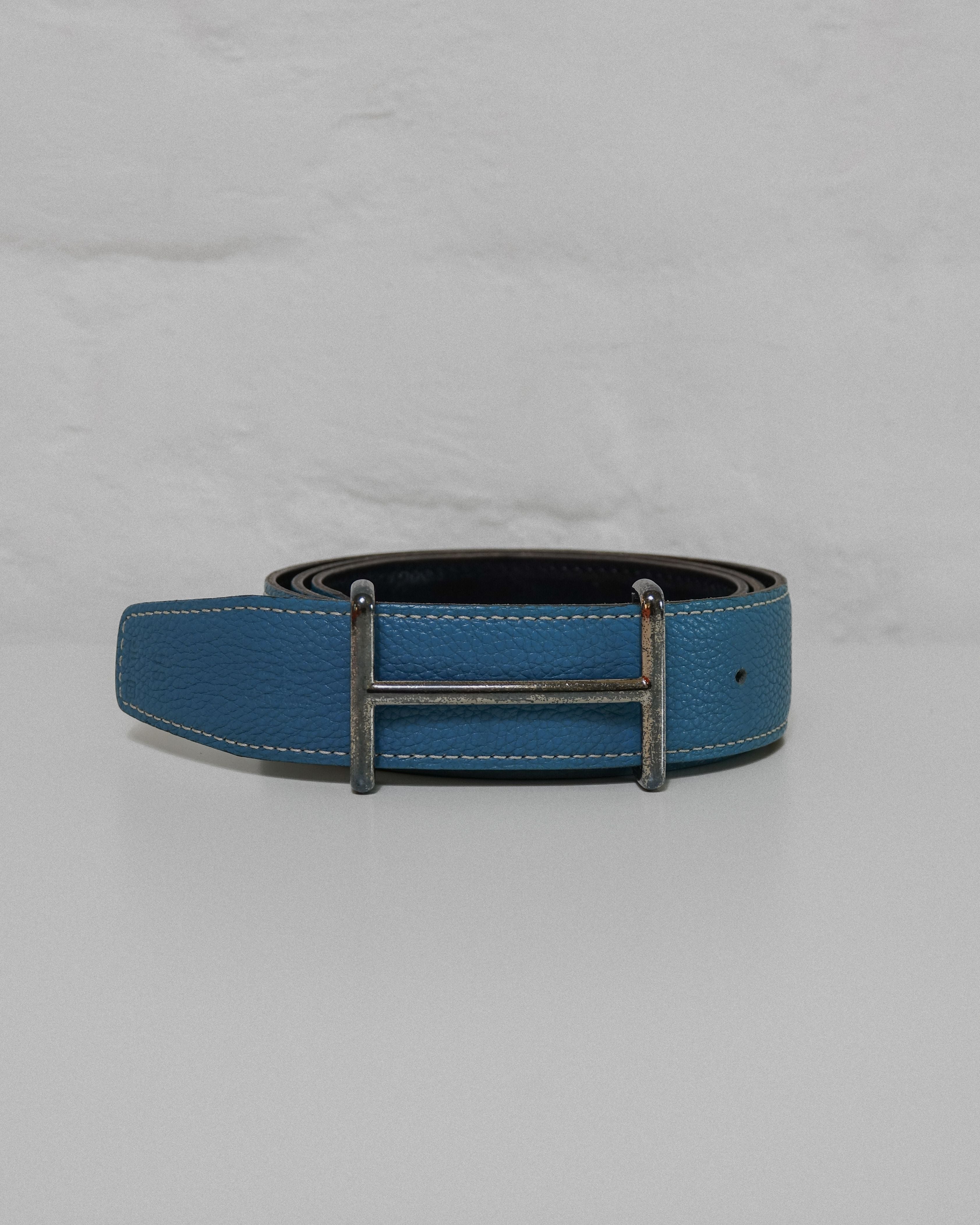 Hermès Ceinture bleu jeans et palladium 80 square H boite Lola collective