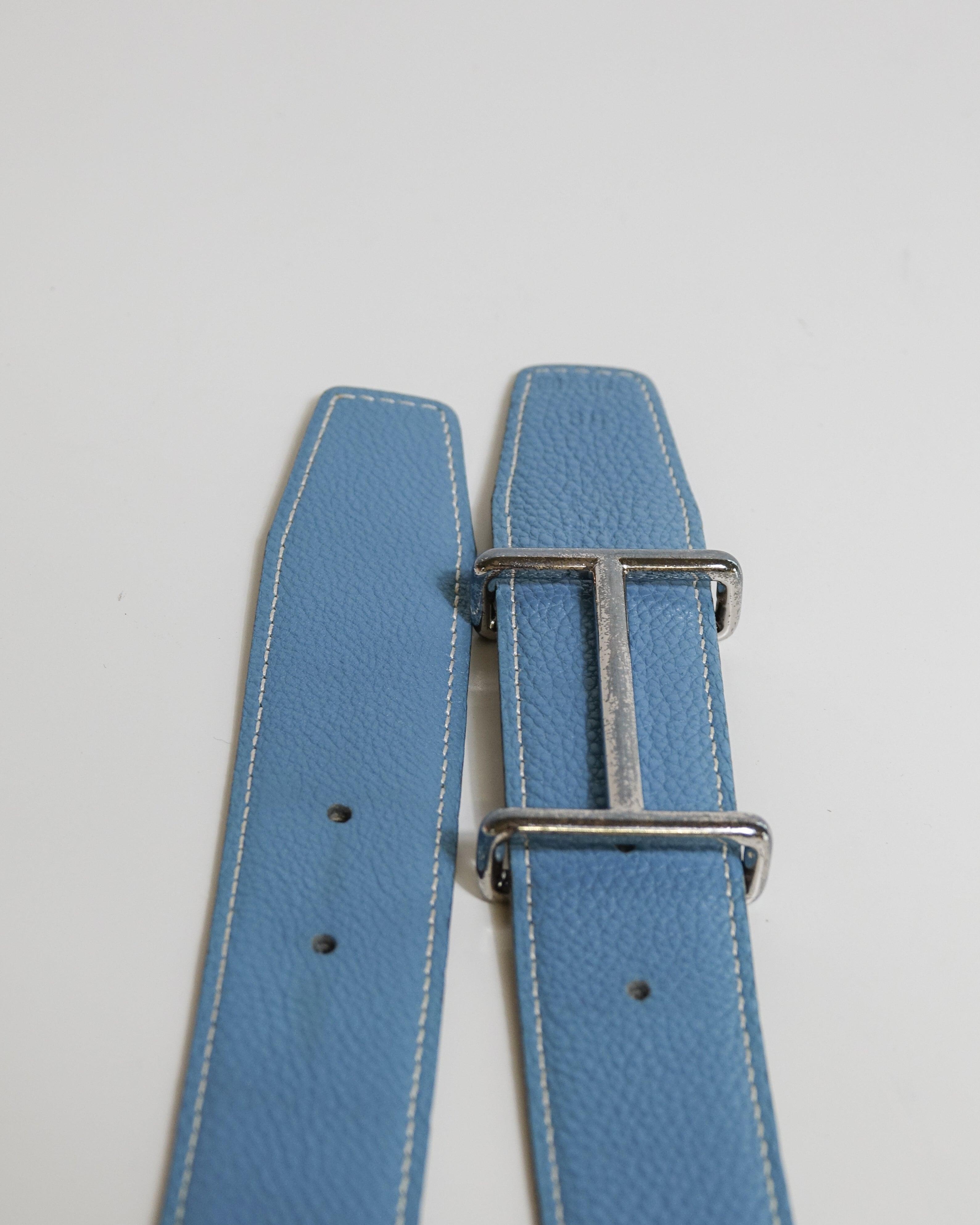 Hermès Ceinture bleu jeans et palladium 80 square H boite Lola collective