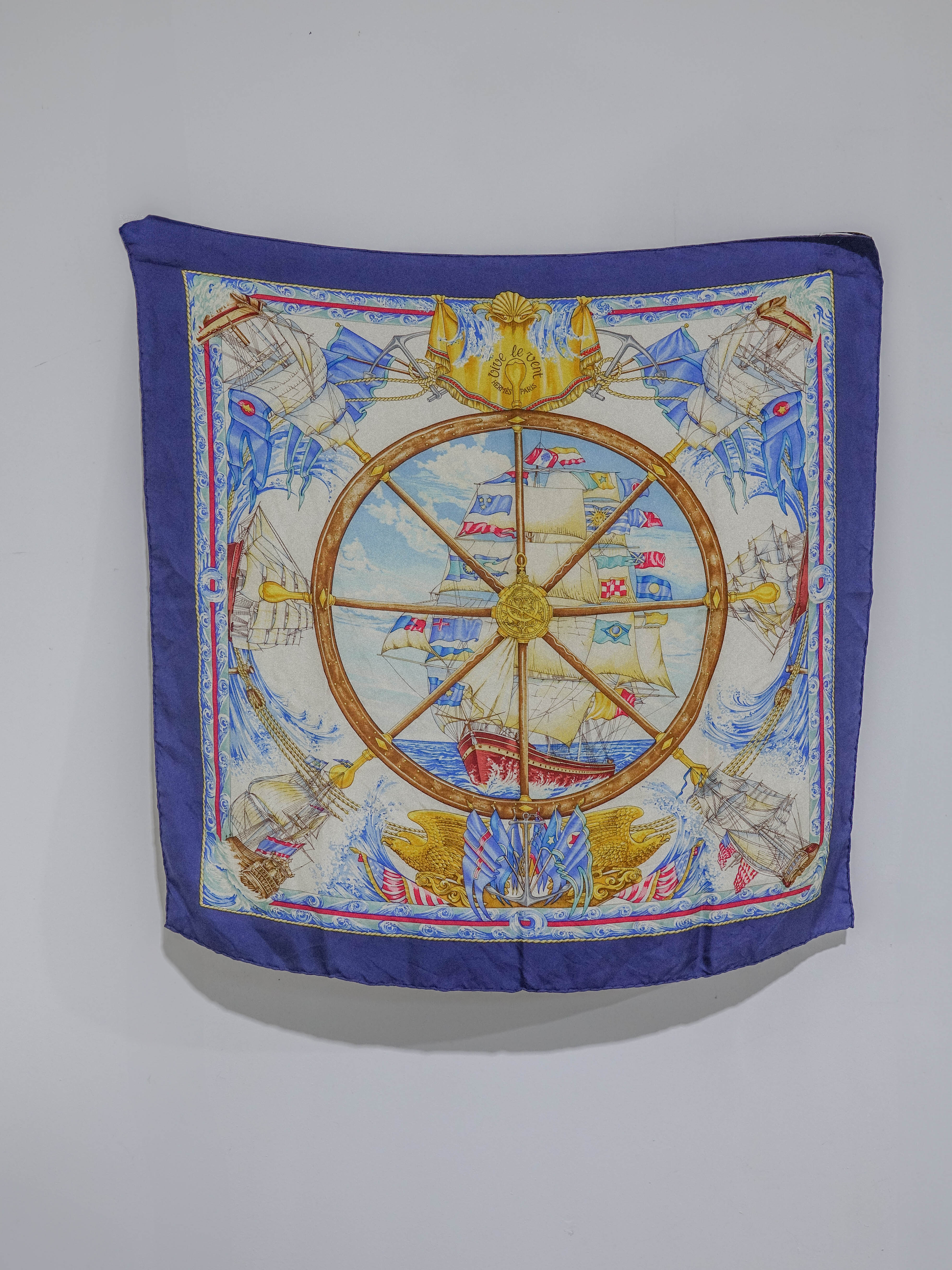 HERMES Carre 90 Scarf ""VIVE LE VENT"" Silk Beige Lola Collective