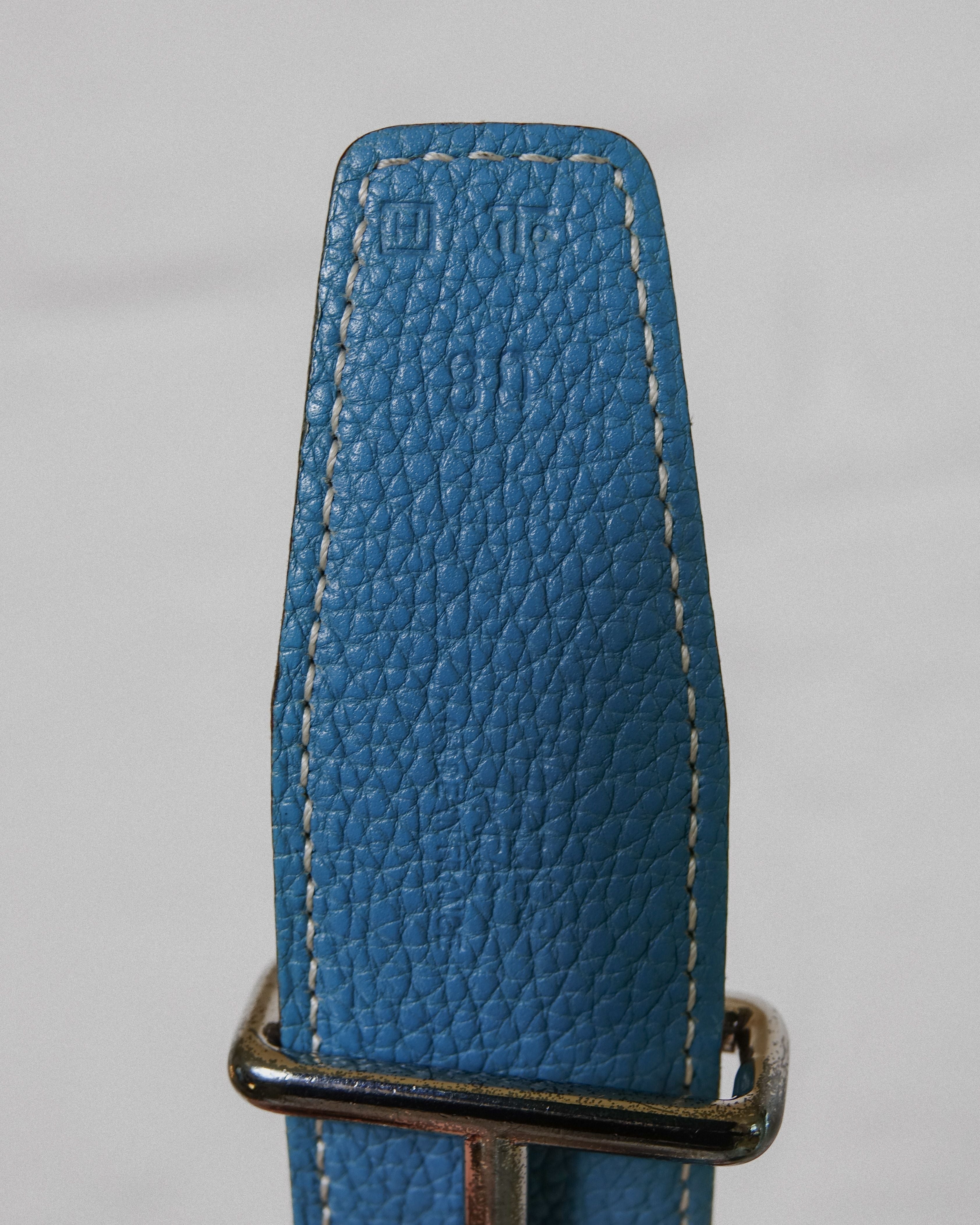 Hermès Ceinture bleu jeans et palladium 80 square H boite Lola collective